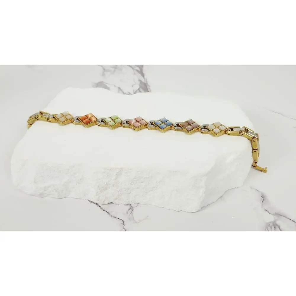 Vintage Retro Pastel Mosaic Cat's Eye Diamond Panel Link Bracelet 7.5